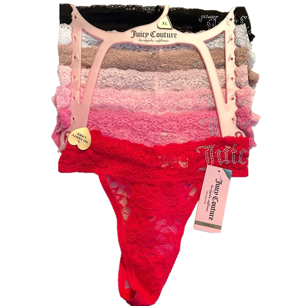 Juicy Couture 7 Pairs of Women’s Lace Thongs Panties Red Pink Black XL NWT
